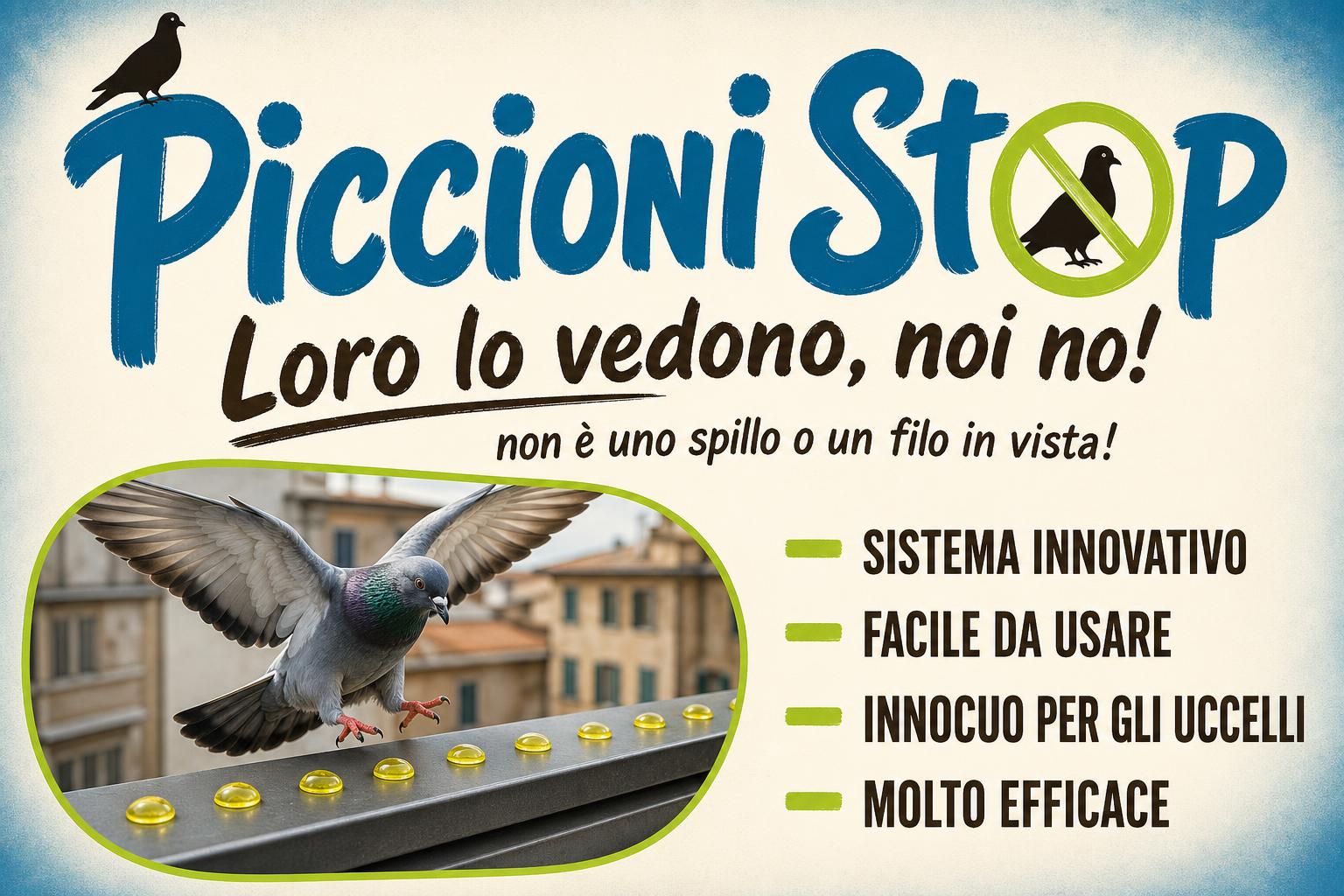 Locandina Piccioni Stop — interventi professionali di allontanamento volatili Bio Energy