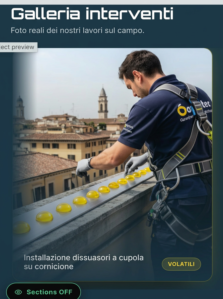 Installazione dissuasori ottici a cupole gialle su cornicione