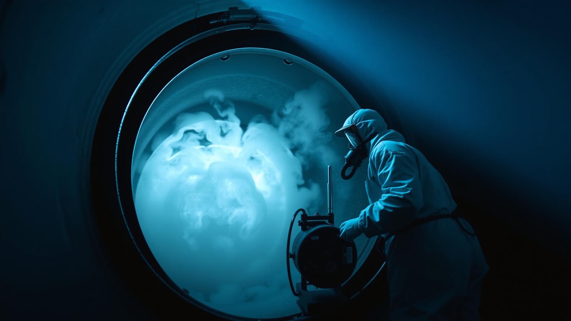 Tecnico in tuta entra in cisterna idrica per pulizia professionale